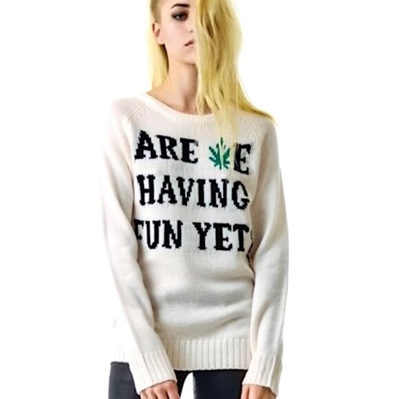 UNIF Are We Having Fun Yet Graphic Sweater Ivory Oversized Crewneck Pullover - Picture 1 of 11